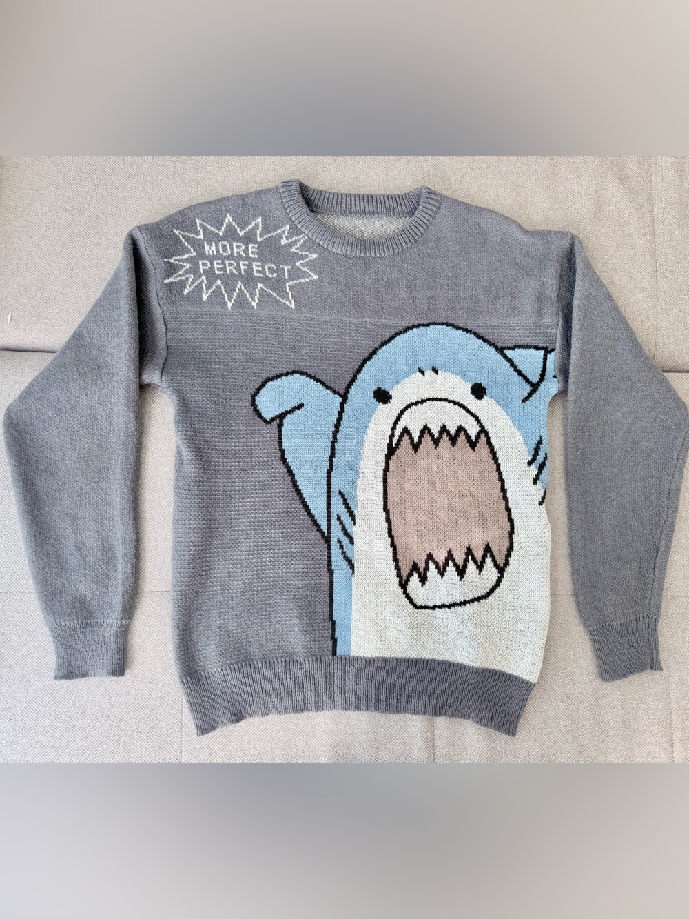 Shark Graphic Knit Sweater Size S Gray Oversized Harajuku Korean Style